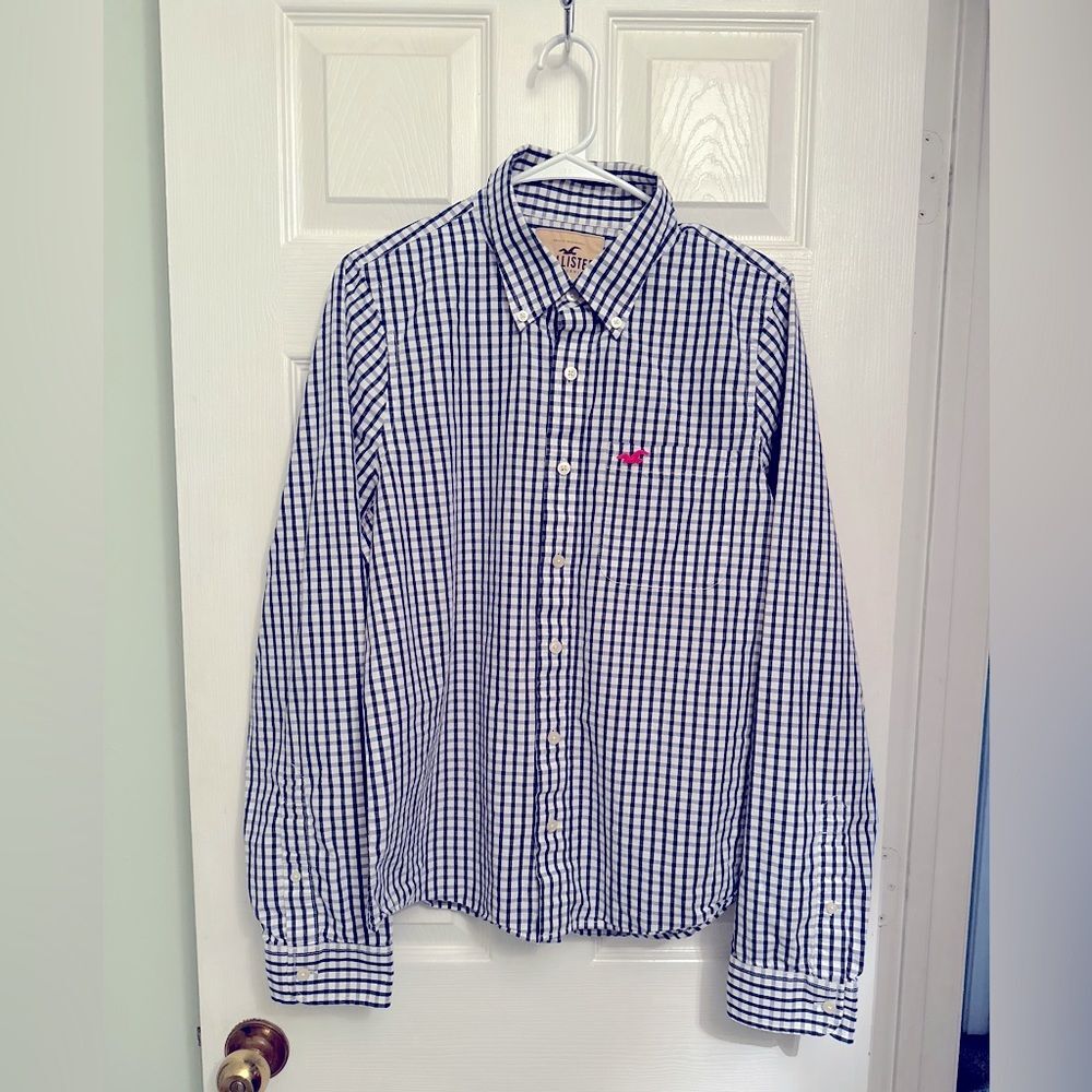 HOLLISTER Boys Young Men’s Blue and White Plaid long sleeve button down Size XL